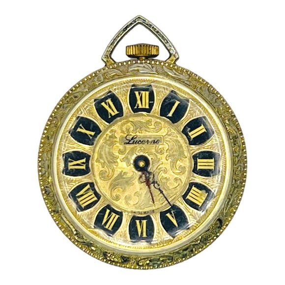 Vintage Lucerne Gold Tone Roman Numeral Pendant Pocket Watch Swiss Made Wind Up - Picture 2 of 8